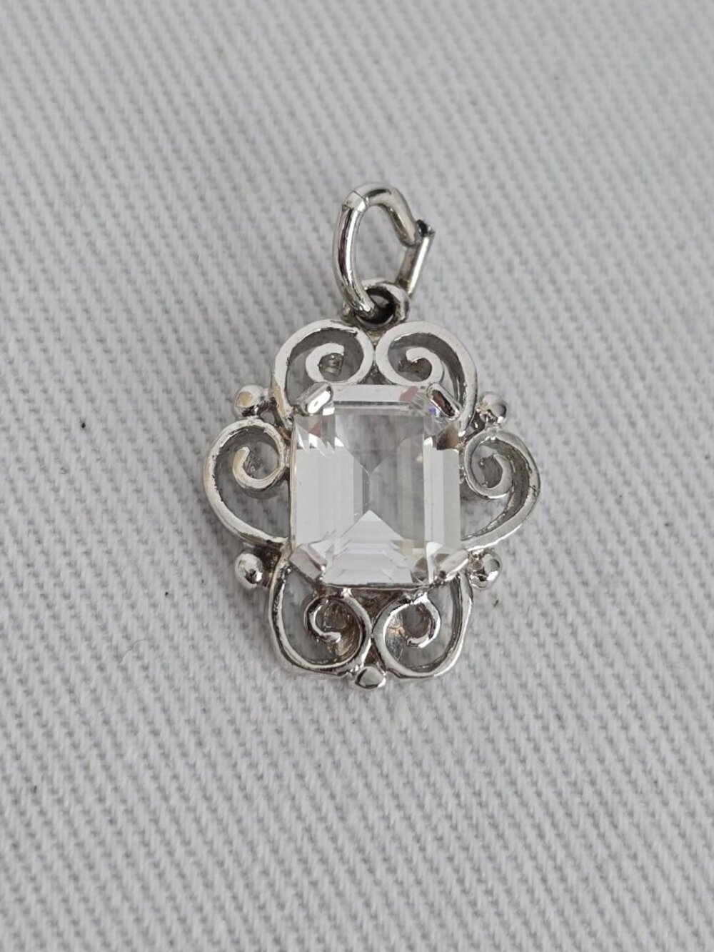 925 Sterling Silver Clear CZ Charm Emerald Cut Pendant Vintage Style